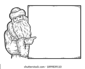 Santa Claus points to a blank sign. Engraving vector illustration. Sketch scratch board imitation.
