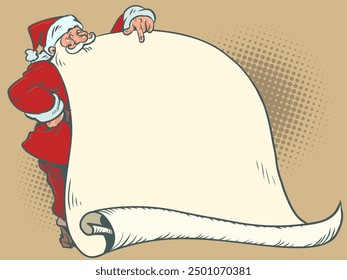 Santa Claus apunta a su barba, lista de deseos. Las próximas vacaciones y regalos del Año Nuevo. Lista de regalos para la familia y amigos para Navidades. Dibujo a mano de Ilustración vectorial retro de arte pop de dibujos animados cómicos