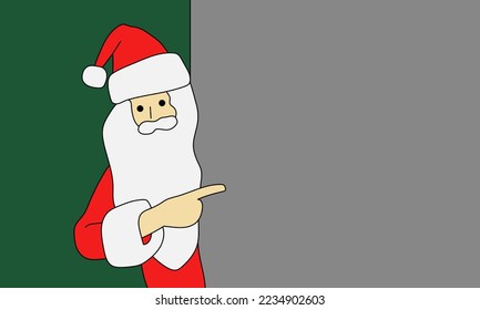 Santa Claus points his finger, vector illustration. Drawn Santa Claus on a green background points his finger at a gray background.