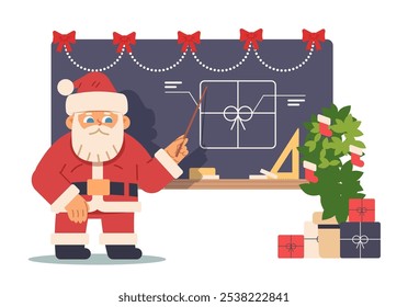 Santa Claus points to line sketch of gift on the blackboard with pointer. Christmas teacher vector illustration on isolated background