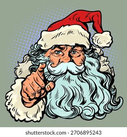 Santa Claus points. Special offer for Christmas and New Year's holidays. Discounts on New Year's holidays and gifts. Pop Art Retro Vector Illustration Kitsch Vintage 50s 60s Style