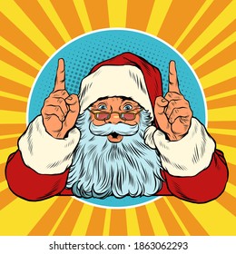 Santa Claus points up. Presentation gesture. Pop art retro illustration 50s 60s kitsch vintage style