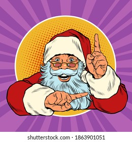 Santa Claus points up. Presentation gesture. Pop art retro illustration 50s 60s kitsch vintage style