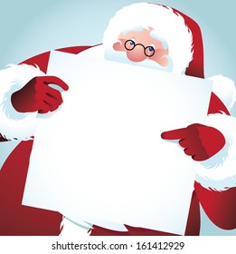 Santa Claus points at your message on a placard. EPS 10 vector, grouped for easy editing. No open shapes or paths.