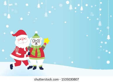 Santa Claus with polar bear standing in blue sky with snow