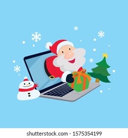 Santa Claus pop out of laptop computer with gift box and snowman.