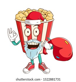 Santa claus popcorn cartoon character carry a red bag with ok hand sign and funny smile face