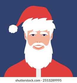 Santa Claus portrait avatar. Smiling bearded man wearing Santa hat and costume. Vector illustration 