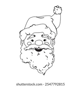 Santa Claus portrait. Clean line on the white background. Smiling face with beard. Colorbook, decorations, wrapping paper