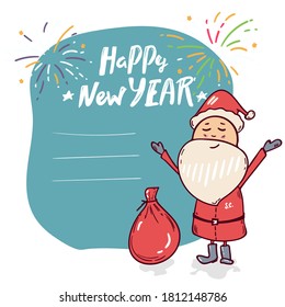 Santa Claus portrait with fireworks. Happy new year Christmas card, poster, banner. Vector illustration.