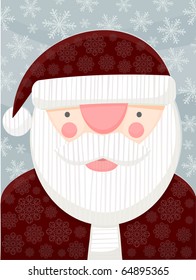 Santa Claus Portrait. An illustrated portrait of good Saint Nick. Rich, retro colors, blue sky background with falling snowflakes, and snowflake pattern in Father Christmas's red coat and hat.