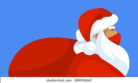 Santa Claus. Portrait of Santa with white beard. Concept of Christmas during the pandemic. Blue background. Illustration with copy space. Good for news, blog, banner, greeting cards.