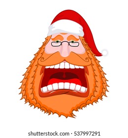 Santa Claus portrat with Big red beard and cap. Crazy red-haired Christmas grandfather yelling. Xmas template design. New Year illustration