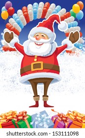 Santa Claus posing with raised arms on white winter background with balloons and gifts.