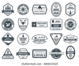 Santa Claus postage stamps. Christmas air mail stamps, winter holidays letter and postcard delivery signs vector illustration set. Xmas Santa Claus stamps. Postal icons with deers an fir trees