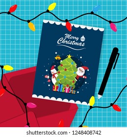 Santa Claus Postcard Snowflake happy smile Next to the tree And gift boxes Snow is falling down.have a pen Red envelope Along with many colored lights.