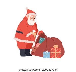 Santa Claus preparing Christmas gift boxes, putting presents into red bag. Bearded character packing Xmas sack for winter holidays and New Year. Flat vector illustration isolated on white background