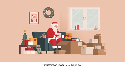 Santa Claus preparing Christmas gifts for delivery, he is sitting on the couch and putting presents in delivery boxes