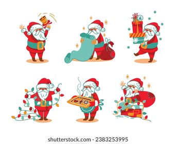 Papá Noel se está preparando para Navidad. Conjunto de stickers. Vector