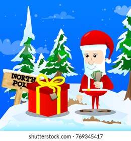 Santa Claus preparing to give a box of money for Christmas. Vector cartoon character illustration.