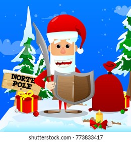 Santa Claus preparing to give a sword and shield for Christmas. Vector cartoon character illustration.