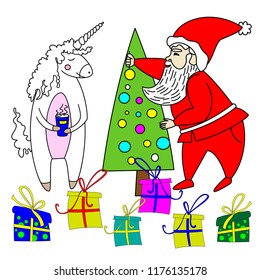 Santa Claus is preparing for the New Year, dresses up a toy tree, a unicorn helps. Santa made presents. White background, for design of cards, stickers, prints. Vector.