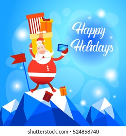 Santa Claus Present Box Making Selfie Photo Merry Christmas Greeting Card Happy New Year Flat Vector Illustration