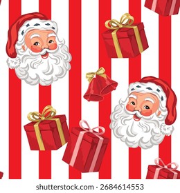 Papá Noel, caja de regalo, campana roja sin patrón. Feliz Navidad, Fondo de pantalla de Nuevo Año.	