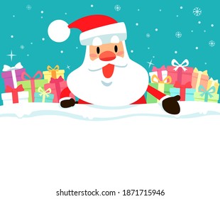 Santa claus and present boxes on top of blank space with snowy background. Christmas holiday illustration.