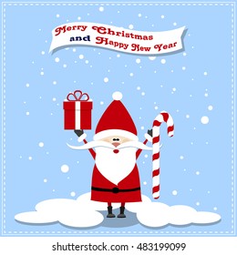 Santa Claus with Present, Candy, Snowflake Blue Background Merry Christmas Card, Snowfall