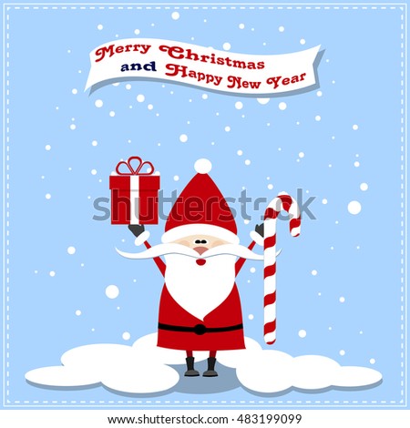 Santa Claus with Present, Candy, Snowflake Blue Background Merry Christmas Card, Snowfall
