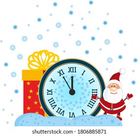 Santa Claus, present and New Year Clock
