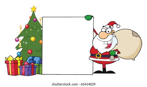 Santa Claus Presenting A Blank Sign And Christmas Tree