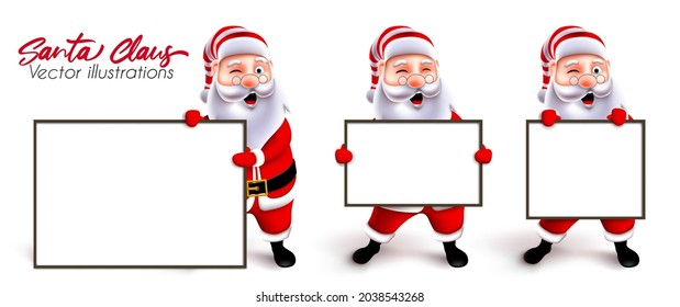 Santa claus presenting character vector set. Christmas santa 3d characters holding and showing empty white board element for xmas greeting presentation. Vector illustration.
