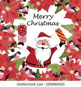 Santa claus with presents and bird in christmas flower frame