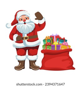 Santa claus with presents. Cheerful Santa Claus stands and waves his hand next to a sack full of gifts. Traditional Christmas and New Year character. Vector illustration isolated on white background.