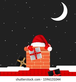 Santa Claus with presents in the chimney, vector art illustration.