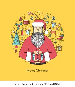 Santa Claus with presents and christmas elements in a circle, a thin line. Bright yellow illustration for the new year 2016. A beautiful print or invitation.