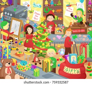 Santa Claus presents factory with little helpers that works in room stuffed with children toys for Christmas night cartoon vector illustration.