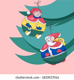 Santa Claus with presents and gnome with lantern like tree toys. Hand drawn vector illustration