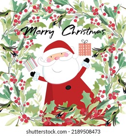 Santa Claus with presents in holly wreath, Cute humming bird in Christmas card.