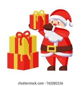 Santa Claus and presents icon isolated on white background. Vector illustration with fairy tale winter character and colorful gift boxes decorated with bows