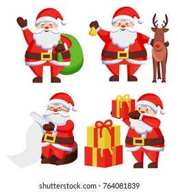 Santa Claus with presents icon isolated on white background. Vector illustration with happy man with colorful gift boxes in bag checking his list