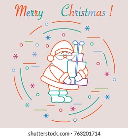 Santa Claus with presents. New Year and Christmas symbols. Winter elements made in line style.