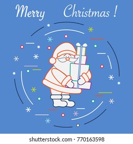 Santa Claus with presents. New Year and Christmas symbols. Winter elements made in line style.