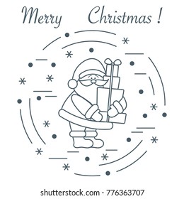 Santa Claus with presents. New Year and Christmas symbols. Winter elements made in line style.