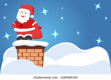 Santa Claus with presents on the roof with snow