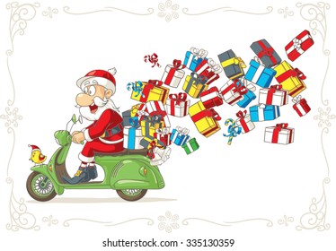 Santa Claus with Presents on Scooter Vector Cartoon - Illustration of Santa Claus riding scooter delivering Christmas presents
