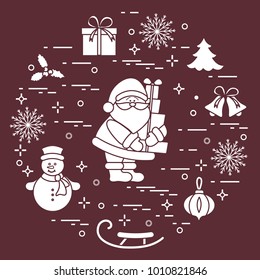Santa Claus with presents and other New Year and Christmas symbols. Winter elements made in line style.
