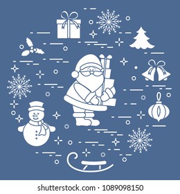 Santa Claus with presents and other New Year and Christmas symbols. Winter elements made in line style.